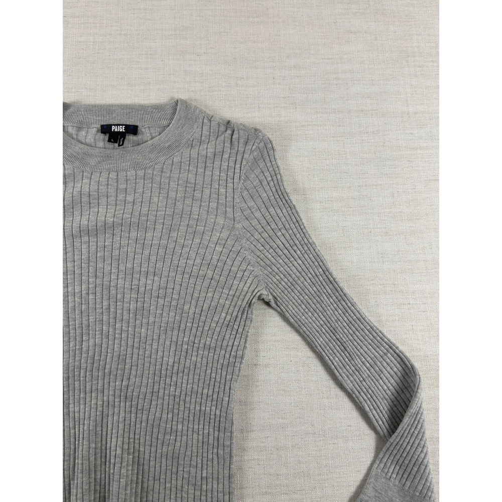 PAIGE Sweater Womens L Gray Ribbed Knit Ruffle Bell Sleeve Crew Neck Pullover - Picture 4 of 10